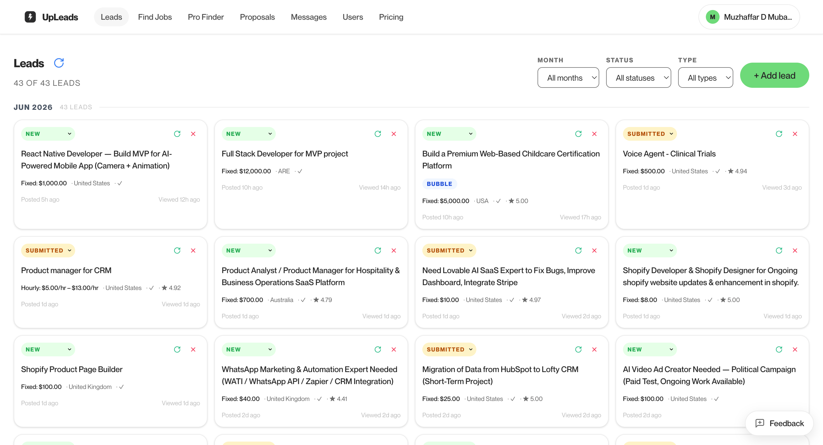 UpLeads lead board dashboard